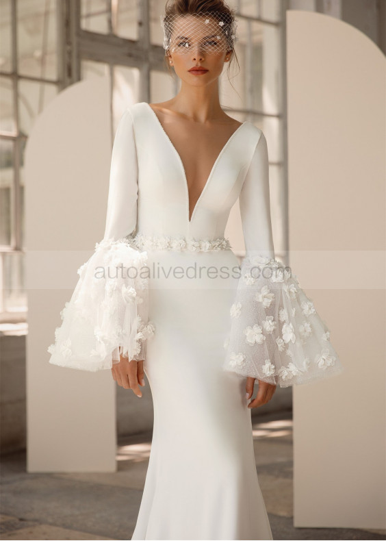 Beaded Ivory Satin 3D Flowers Wedding Dress